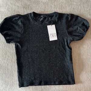 Zara Charcoal Puff Sleeve Short Sleeve Top